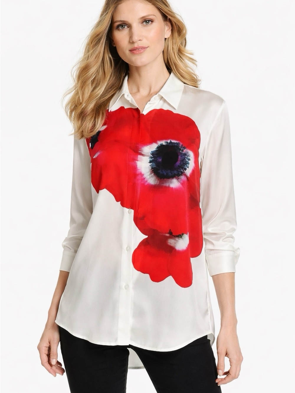 Serena Bute White Button-Down Shirt with Red Floral Print
